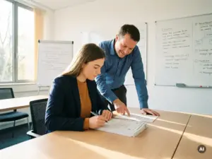 Junger Auszubildender prüft Zertifizierungsunterlagen am Schreibtisch, unterstützt von einem Ausbilder in hellem Klassenraum.