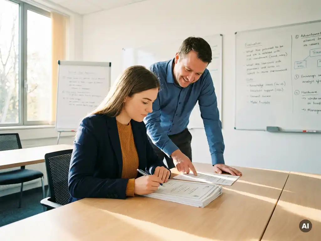Junger Auszubildender prüft Zertifizierungsunterlagen am Schreibtisch, unterstützt von einem Ausbilder in hellem Klassenraum.