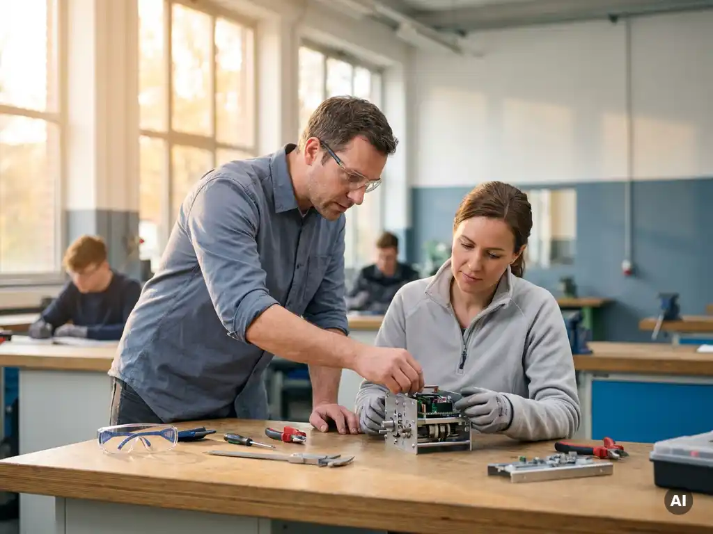 Ausbilder erklärt erwachsenem Lernenden praktische Arbeitsschritte an einem Werkstatttisch in einem modernen deutschen Berufsbildungszentrum.