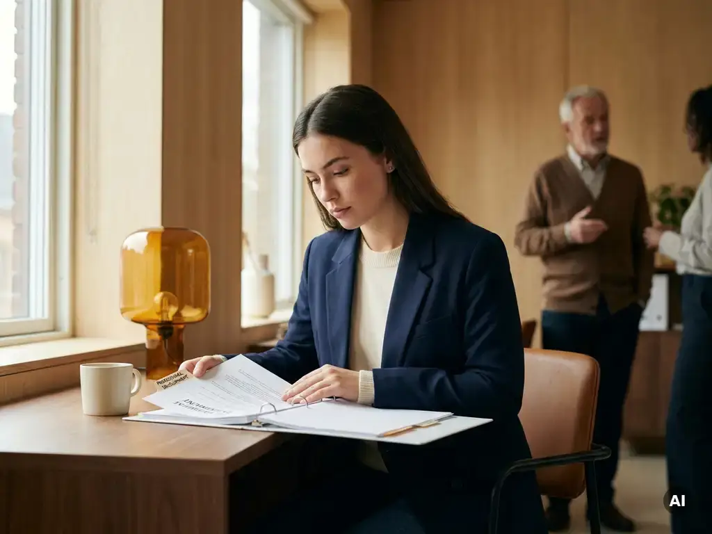Junger Fachmann studiert Schulungsunterlagen am modernen Schreibtisch, Mentor im unscharfen Hintergrund, warmes Büroambiente.