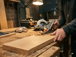 Handwerker hobelt Eichenbrett an Werkbank, Holzspäne kräuseln sich um Handhobel, Kreissäge und Schutzbrille im Hintergrund.