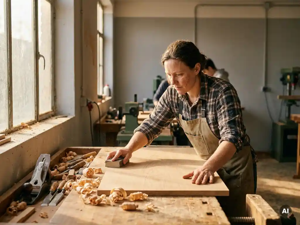 Erwachsener Auszubildender schleift sorgfältig eine Holzplatte an einer Werkbank, umgeben von Handwerkzeugen und frischen Holzspänen.