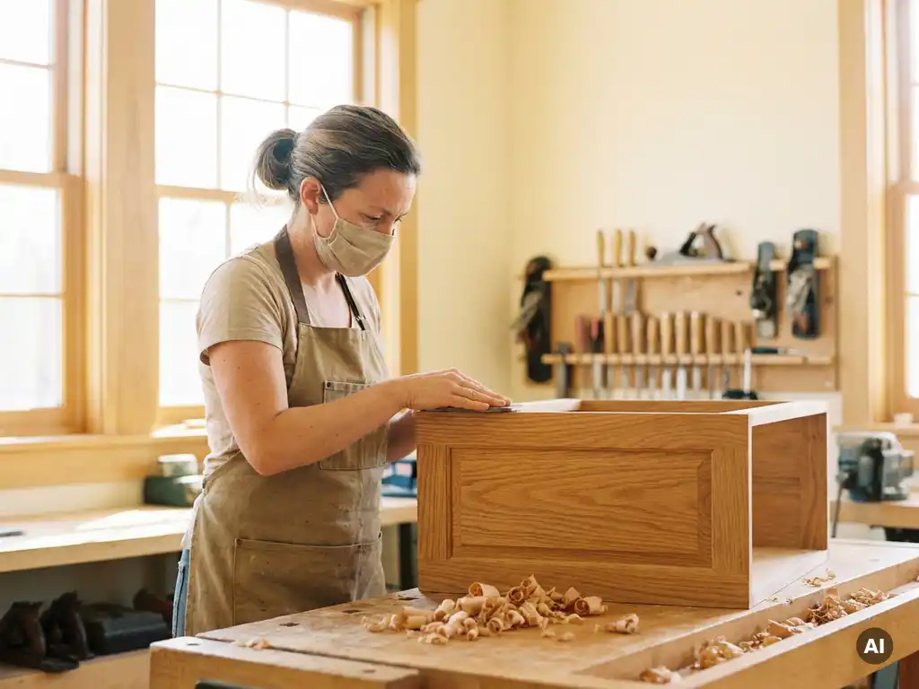 Erwachsener Auszubildender schleift Holzschrankplatte in hellem Berufsschul-Workshop, Holzspäne und Handwerkzeuge auf der Werkbank.