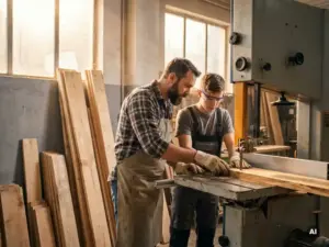Erfahrener Schreiner zeigt Auszubildendem den Umgang mit einer Holzbearbeitungsmaschine in heller Lehrwerkstatt mit frischen Holzdielen.