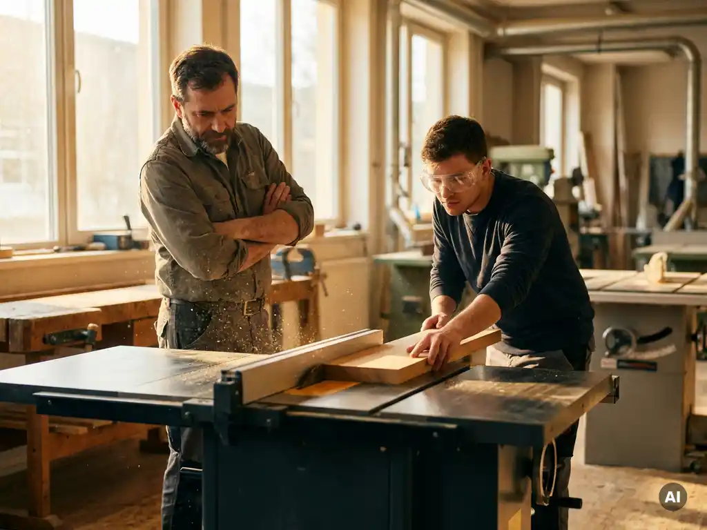 Auszubildender mit Schutzbrille führt Holzbrett durch Tischkreissäge, Ausbilder beobachtet aufmerksam in professioneller Berufsschulwerkstatt.