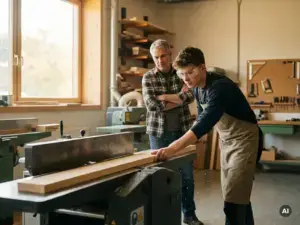 Auszubildender mit Schutzbrille führt Holzbohle durch Hobelmaschine, Ausbilder beobachtet in moderner Berufsschulwerkstatt.