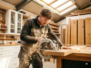 Auszubildender mit Schutzbrille führt Kreissäge durch Eichenholzbrett in heller Tischlerwerkstatt mit Werkzeugregalen im Hintergrund.