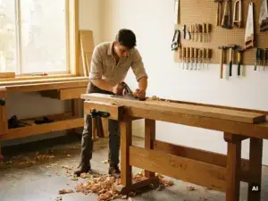 Junger Tischlergeselle hobelt eine Eichenplanke an der Werkbank, Holzspäne am Boden, Werkzeuge bereit, warmes Seitenlicht.