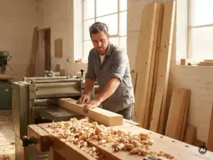 Junger Mann bedient professionelle Holzbearbeitungsmaschine in Lehrwerkstatt, Schutzbrille auf Stirn, Holzspäne auf Werkbank.