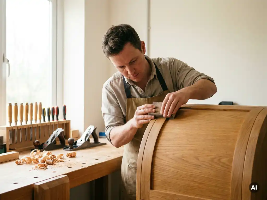 Erwachsener Auszubildender schleift sorgfältig ein Holzschrankteil in einer hellen Berufsschulwerkstatt, Holzspäne und Handwerkzeuge auf der Werkbank.
