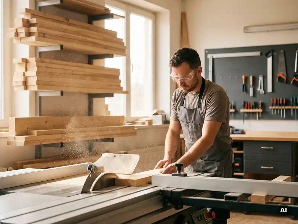 Handwerker mit Schutzbrille führt Kreissäge durch Holzplanke in heller Werkstatt, Sägemehl im warmen Licht.