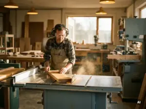 Handwerker mit Schutzbrille und Gehörschutz führt Holzbrett durch Tischkreissäge in heller Berufsschulwerkstatt.