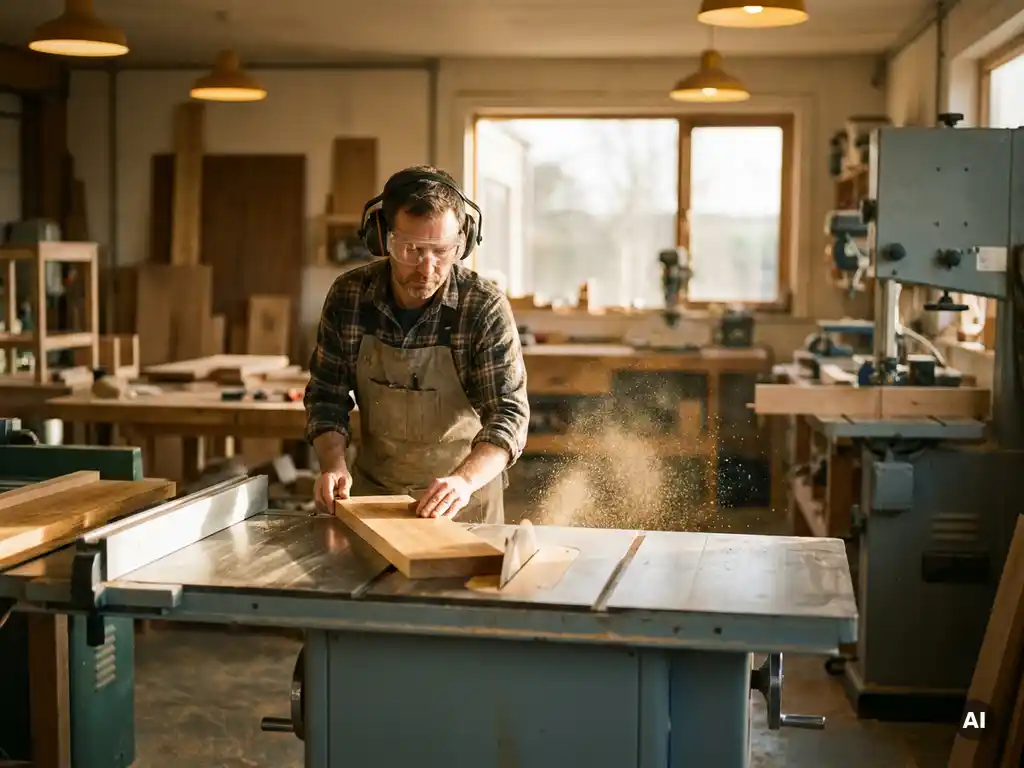 Handwerker mit Schutzbrille und Gehörschutz führt Holzbrett durch Tischkreissäge in heller Berufsschulwerkstatt.