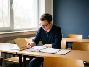 Erwachsener Lernender prüft Zertifizierungsunterlagen am Schreibtisch, Bildungsgutschein-Mappe daneben, modernes Klassenzimmer mit natürlichem Licht.