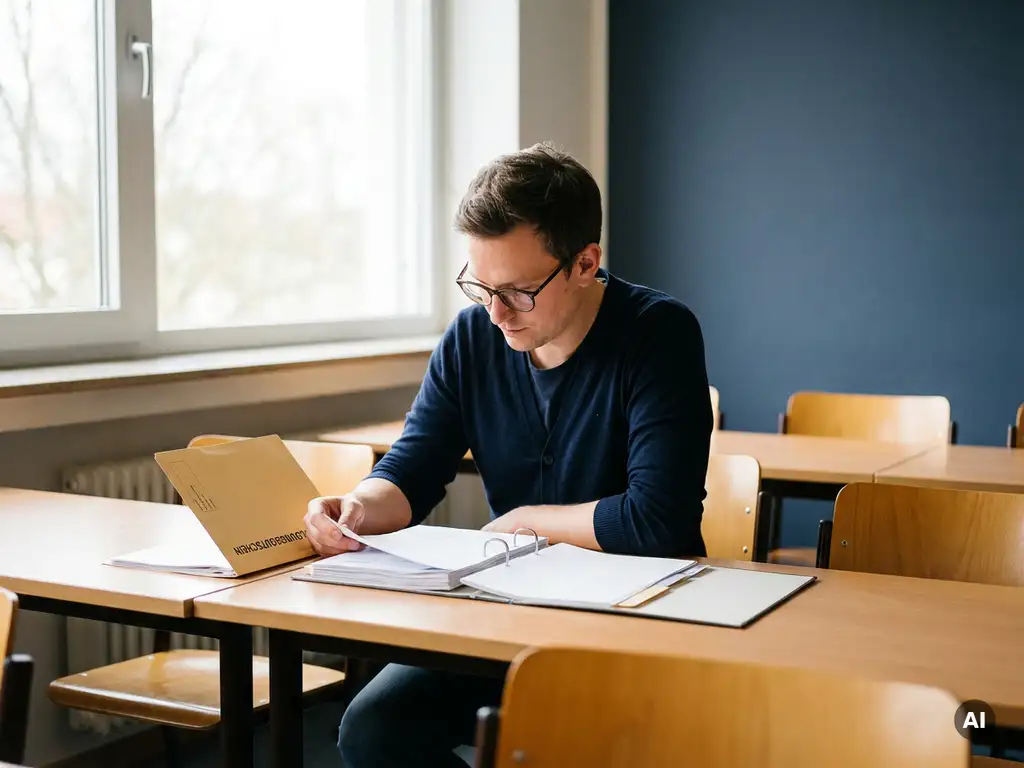Erwachsener Lernender prüft Zertifizierungsunterlagen am Schreibtisch, Bildungsgutschein-Mappe daneben, modernes Klassenzimmer mit natürlichem Licht.