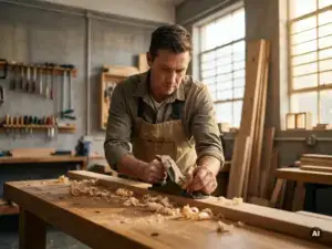 Tischler-Azubi hobelt sorgfältig eine Holzplanke an der Werkbank, frische Späne kräuseln sich, helle Werkstatt im Hintergrund.