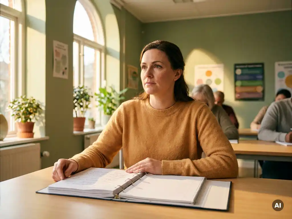 Erwachsener Lernender an hellem Klassenzimmer-Schreibtisch mit offenem Kursordner und Notizbuch, warmes Fensterlicht, entschlossener Blick.