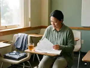 Erwachsene Studentin liest Förderantrag am Schreibtisch, Pflegeuniform und Stethoskop daneben, warmes Fensterlicht.