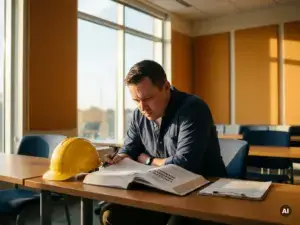 Person in den 30ern studiert Logistik-Schulungshandbuch am Schreibtisch, gelber Schutzhelm und Klemmbrett daneben, warmes Tageslicht.