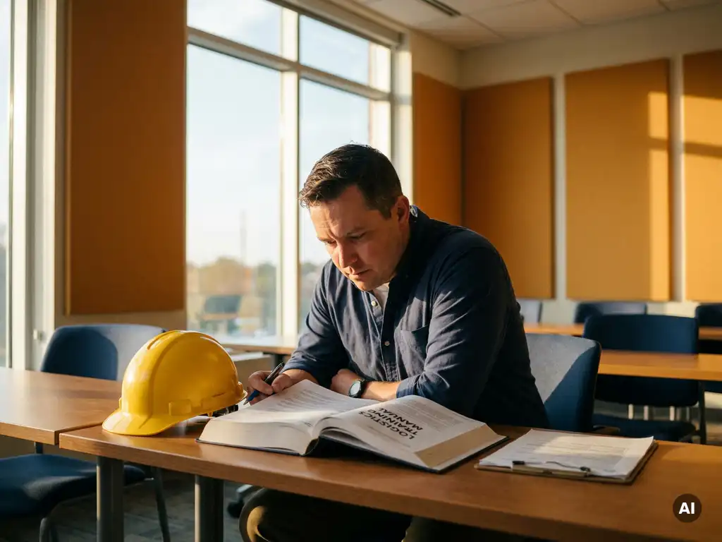Person in den 30ern studiert Logistik-Schulungshandbuch am Schreibtisch, gelber Schutzhelm und Klemmbrett daneben, warmes Tageslicht.