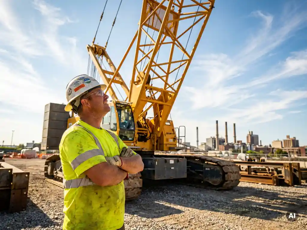 Zertifizierter Kranführer in Warnweste und Schutzhelm blickt auf den Ausleger eines gelben Baukrans auf einer Baustelle.