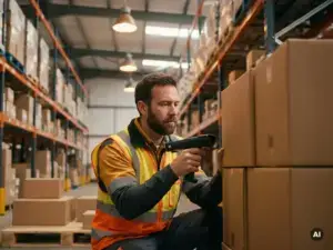 Erwachsener Lernender in Warnweste untersucht Barcode-Scanner neben Kartons in modernem Lager mit Industriebeleuchtung.