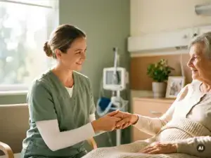 Krankenschwester in Scrubs hält behutsam die Hand einer älteren Patientin in einem hellen Pflegeheim, warmes natürliches Licht.