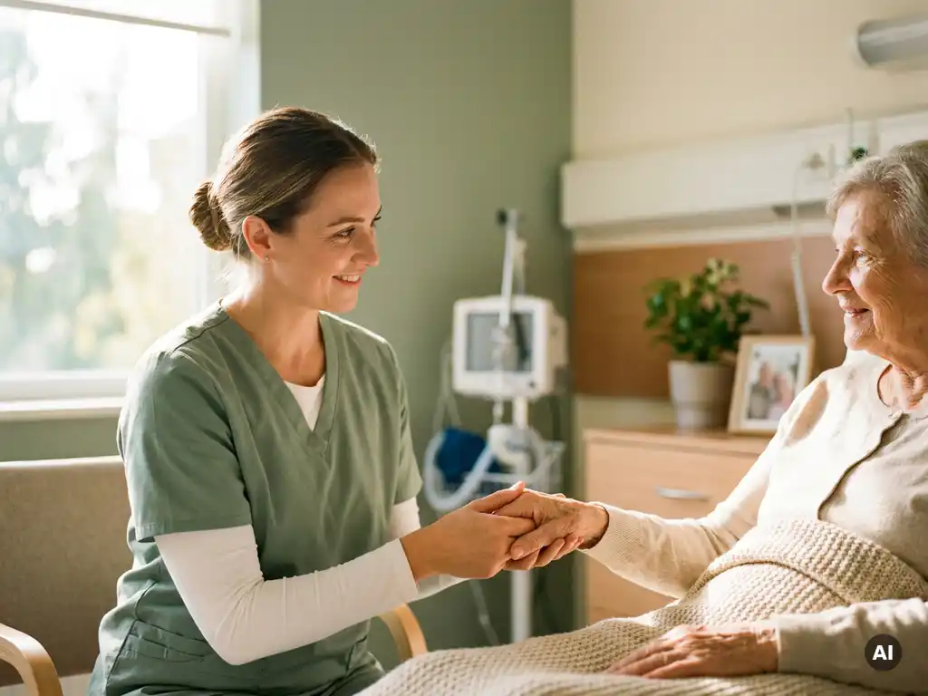 Krankenschwester in Scrubs hält behutsam die Hand einer älteren Patientin in einem hellen Pflegeheim, warmes natürliches Licht.