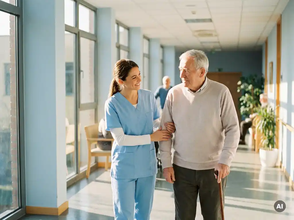 Krankenschwester in hellblauen Scrubs unterstützt behutsam eine ältere Patientin in einem modernen, hellen Pflegeheim-Korridor.