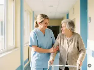 Krankenschwester in hellblauen Scrubs unterstützt behutsam einen älteren Patienten in einem hellen Pflegeheim-Korridor.
