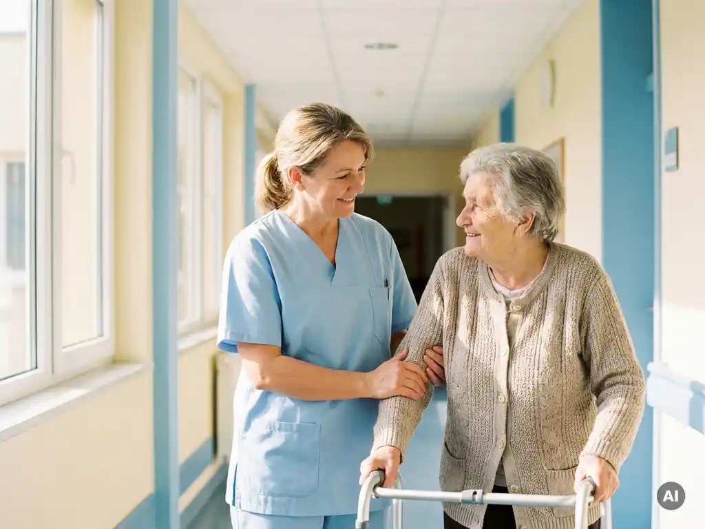 Krankenschwester in hellblauen Scrubs unterstützt behutsam einen älteren Patienten in einem hellen Pflegeheim-Korridor.