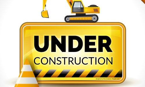 Under construction poster with warning sign and yellow reconstruction cone vector illustration