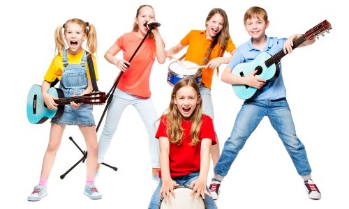 Children Group Playing on Music Instruments, Kids Musical Band Isolated over White Background